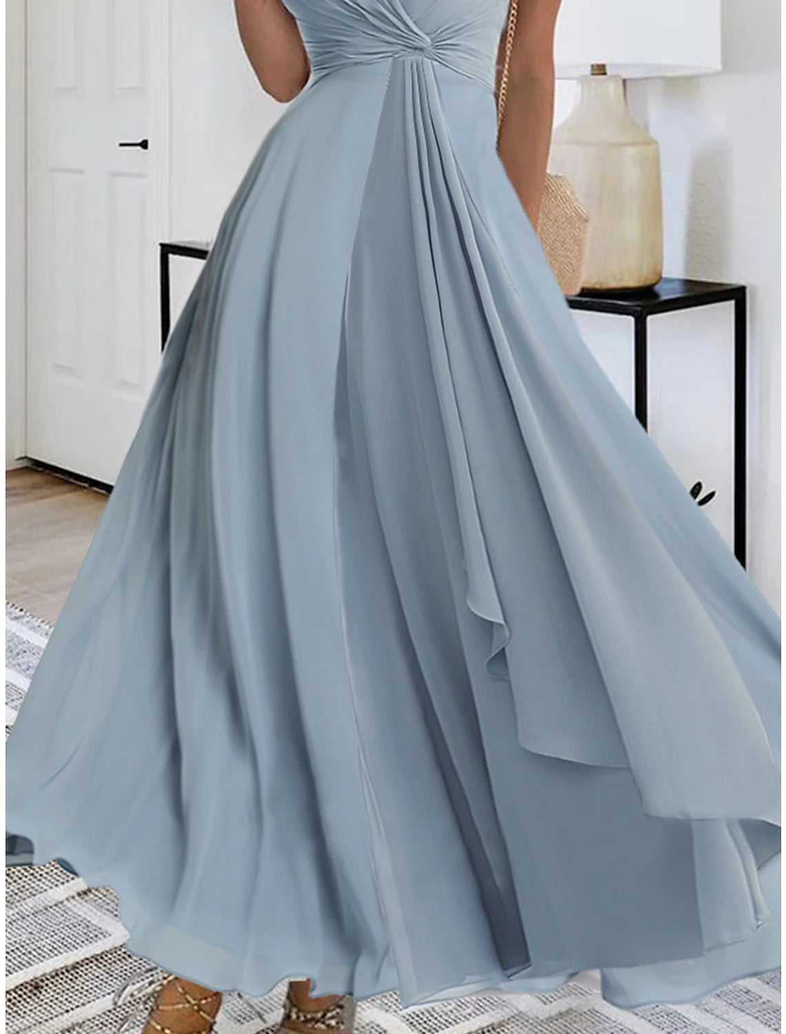 Abito da ballo da donna, abito da festa, abito da ballo di fine anno, abito lungo, abito lungo blu senza maniche, colore puro, a strati, estate, primavera, autunno, scollo a V, moda, sera, festa, ospite di nozze, abito estivo